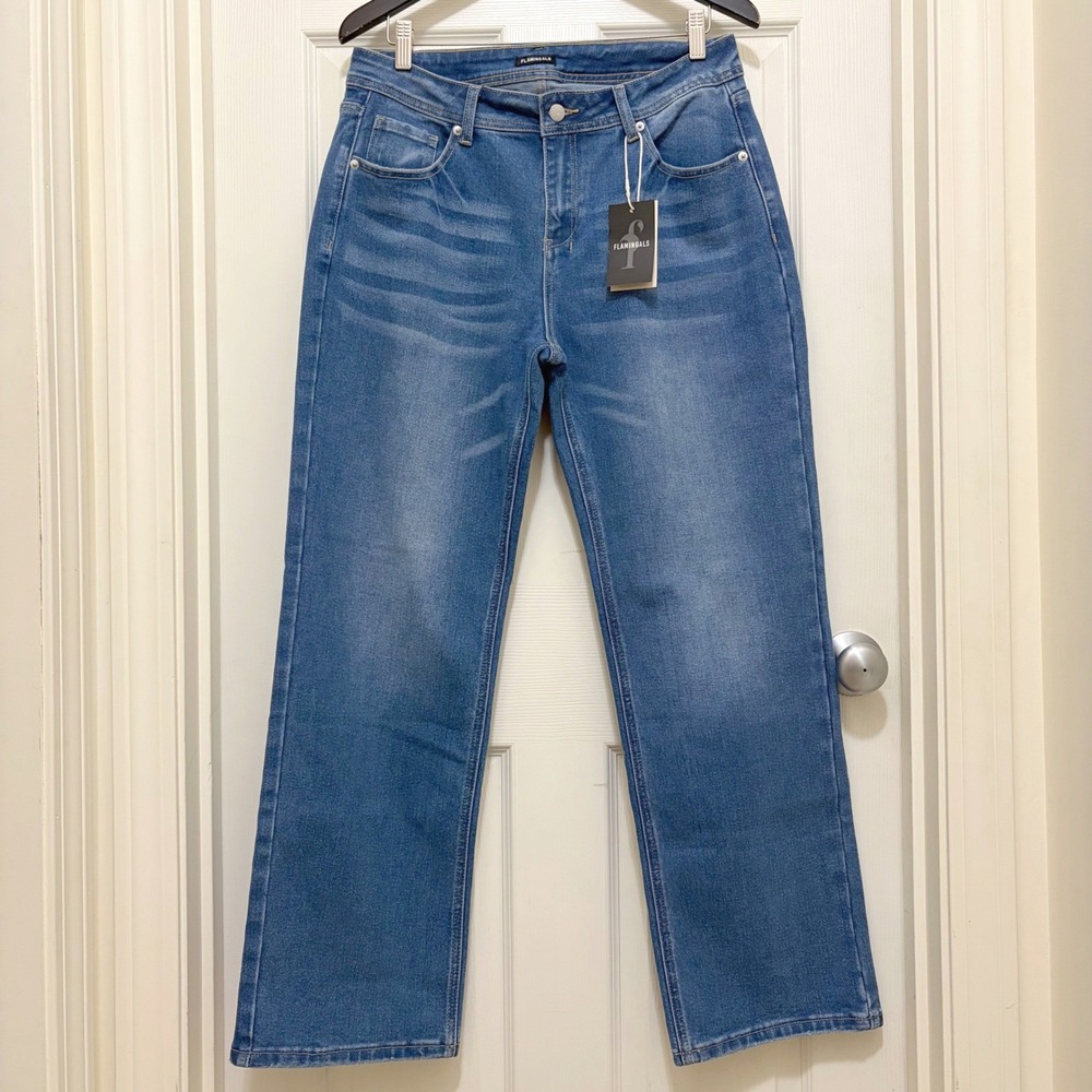 NEW Flamingals High Rise Straight Leg Jeans XL Medium Wash Blue 32X30 #86773